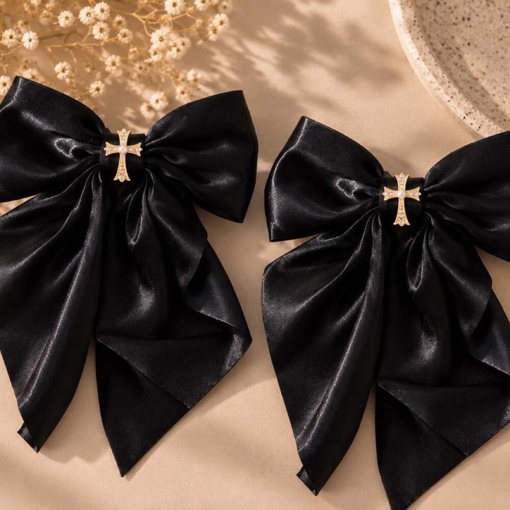 Coquette Gothic Black Satin Hair Bows Christian Cross Set of 2